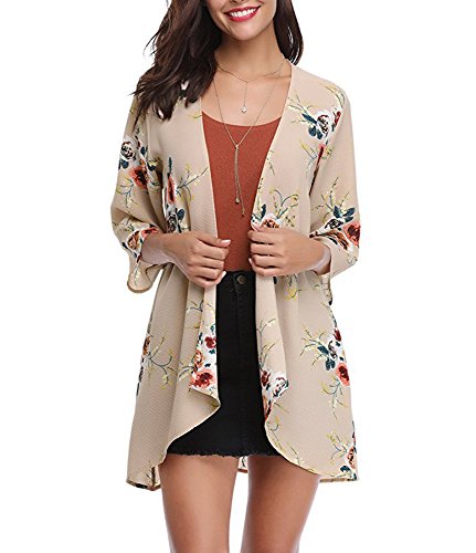 PopStore Women's Floral Print Sheer Kimono Cardigan Capes Chiffon 3/4 Sleeve Patchwork Casual Cover up Blouse Tops