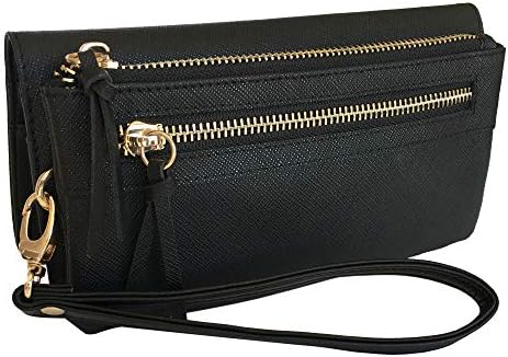 Genuine Leather Wristlet Clutch Wallet with RFID Blocking, Long Purse with Zipper for iPhone, Credit Cards, ID, Money, Passport - Travel Purse Anti Theft, Gift Box - Black