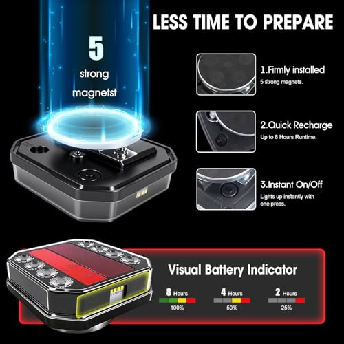 GEN-3 Wireless Trailer Lights Magnetic Kit, 100ft Bluetooth Wireless Tail Lights, USB-C Quick-Charge Car LED Trailer Lights, DOT Certified IP65 Waterproof for Trucks, Boat, RV, Vehicle