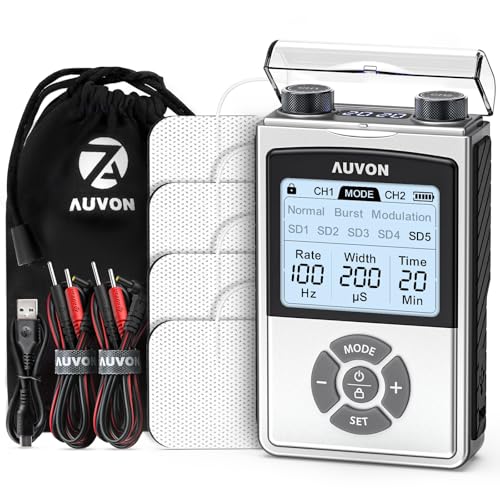 AUVON Rechargeable TENS Unit Muscle Stimulator for Back Pain Relief, 600 mAh Battery TENS Machine with 8 Customizable Modes, Stim Machine for Shoulder & Neck Pain Relief, Nerve Pain Relief, 4 Pads