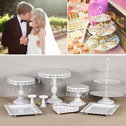 9 Set Metal Crystal Cake Holder Cupcake Stand Cake Dessert Holder with Pendants and Beads,Wedding Birthday Dessert Cupcake Pedestal Display,White (9)