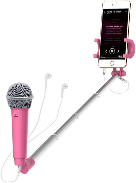 Microphone with Adjustable Selfie Stick for Kids Portable Handheld Karaoke Home Christmas for Smartphone (Pink)