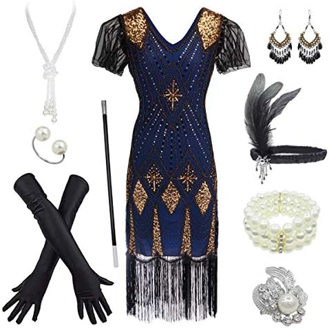 Fancy ClothingWomen's 1920s Gatsby Inspired Sequin Beads Long Fringe Flapper Dress w/Accessories Set