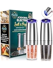 Electric Gravity Pepper Grinder set of 2, Automatic Salt and Pepper Mill Grinder, Adjustable Roughness, Battery Powered, Blue LED Light, Stainless Steel with One Hand Operation (Sliver 2 pack)