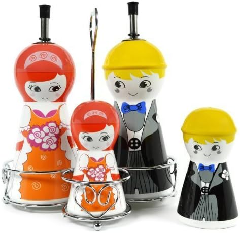 Happy Family Ceramic Oil and Vinegar Dispensers, Salt and Pepper Shakers Cruet Set by Little Big Favors