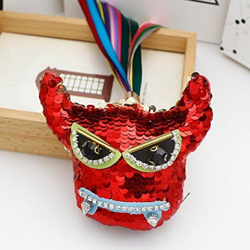 Yeefant Korean Version Personality Fashion Bags Accessories Colorful Imitation Fringe Little Demon Sequins Ball Pendant Handbags Ornaments Plush Keychain Car Key Ring,Red
