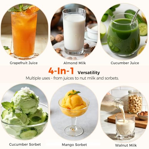 Juicer Machine, 4-In-1 Cold Press Juicer,Smart Touch Masticating Juicers, 6.5 Extra Large Chute, 120oz Capacity For Whole Fruits, Easy To Clean, Extractor Machine For Making Nut Mike, Sorbet,Juice