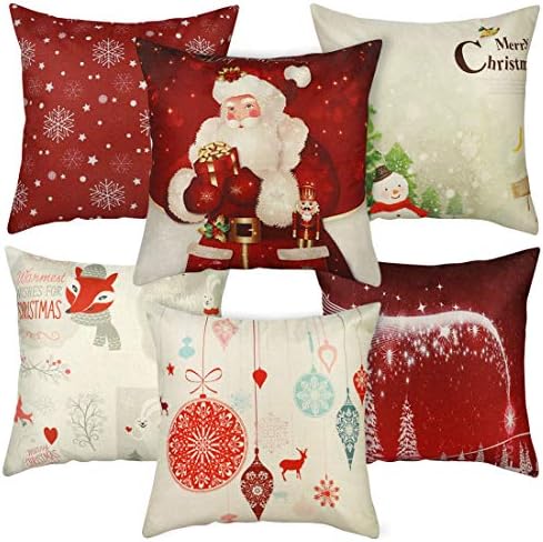 papasgix Chirstmas Pillow Cases Decoration Throw Pillow Covers Cotton Lined Red Home Bed Decor Suqare Sofa Couch Cushion Covers, 45 x 45 cm, Set of 6