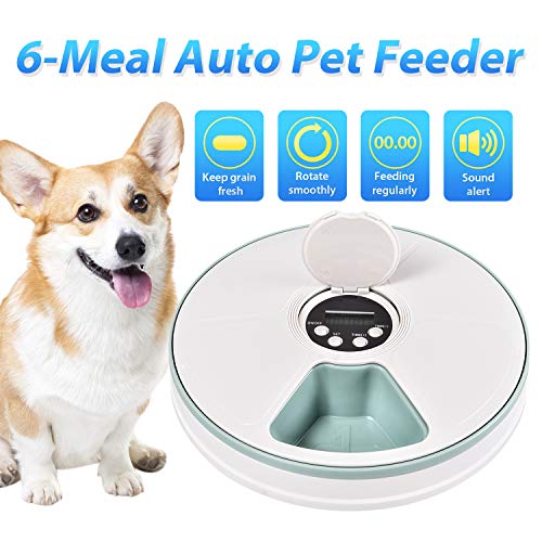 EliPark Automatic Cat Feeder Timed Food Dispenser for Dogs, Cats & Small Animals Digital Pet Feeder Distribution Alarms, Programmed Timed Self 6 Meal Trays Dry Wet, Digital Clock,Portion Control
