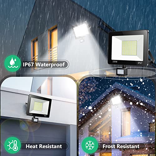 TASINUO LED Spotlight with Motion Sensor 100W 2 Pieces, 10000LM 7000K Outdoor LED Spotlights, IP67 Waterproof LED Light with Motion Sensor, 180 LEDs Outdoor LED Lights for Garden, Terrace, Garage