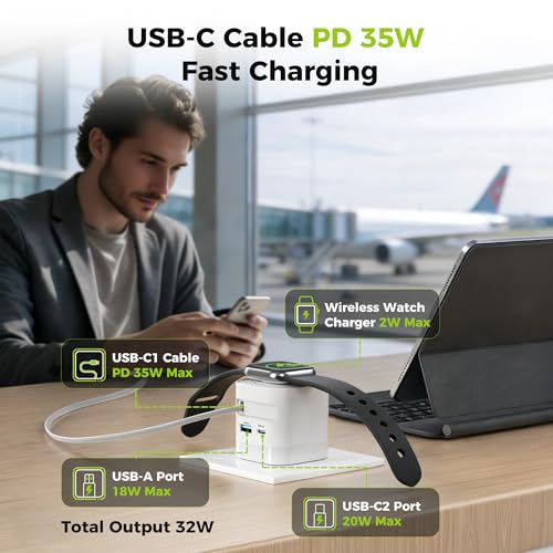 CHARCO 4 en 1 Cargador para Apple Watch, 35W Cargador USB C con Cable Retráctil Integrado Incluye 2 Puertos USB, Cargador Inalámbrica Compatible con iPhone/AirPods/Relojes Smartwatch, Blanco