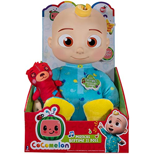 Cocomelon Official Musical Bedtime JJ Doll, Soft Plush Body – Press Tummy and JJ Sings Clips from ‘Yes, Yes, Bedtime Song,’ – Includes Feature Plush and Small Pillow Plush Teddy Bear, Multi