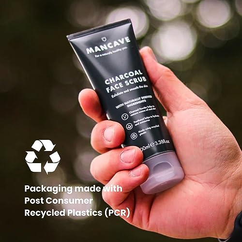 ManCave Men's Face Scrub with Active Charcoal 100 ml – Deep Exfoliating with Willow Bark Extract and Vitamin E – Deep Cleansing, Smooth Skin, Dermatologically Tested, Natural