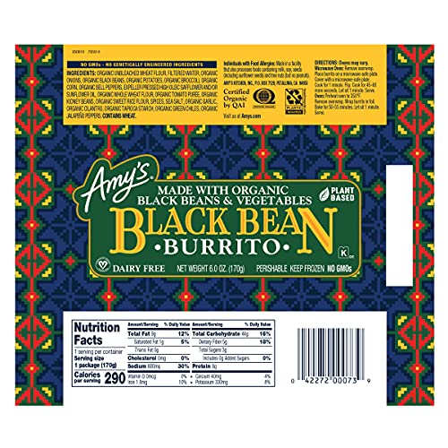 Amy's Frozen Black Bean Vegetable Burrito, Vegan, NonDairy, 6 oz