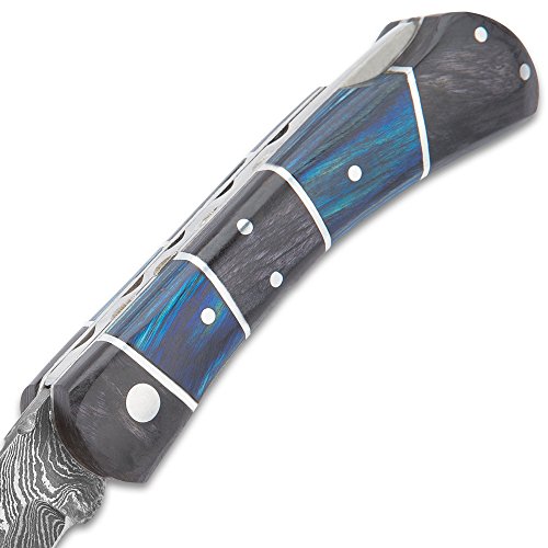 Timber Wolf Rainshadow Handmade Pocket Knife/Folder - Hand Forged Damascus Steel, File Worked Scalloping - Royal Blue and Smoky Black/Gray Pakkawood - Collectible, Everyday Carry, Gift - 4" Closed - Thumbnail 2