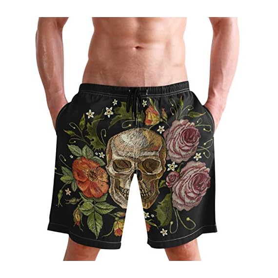 WIHVE-Mens-Board-Shorts-Gothic-Skull-Rose-Peony-Beachwear-Swim-Trunks-with-Mesh-Lining