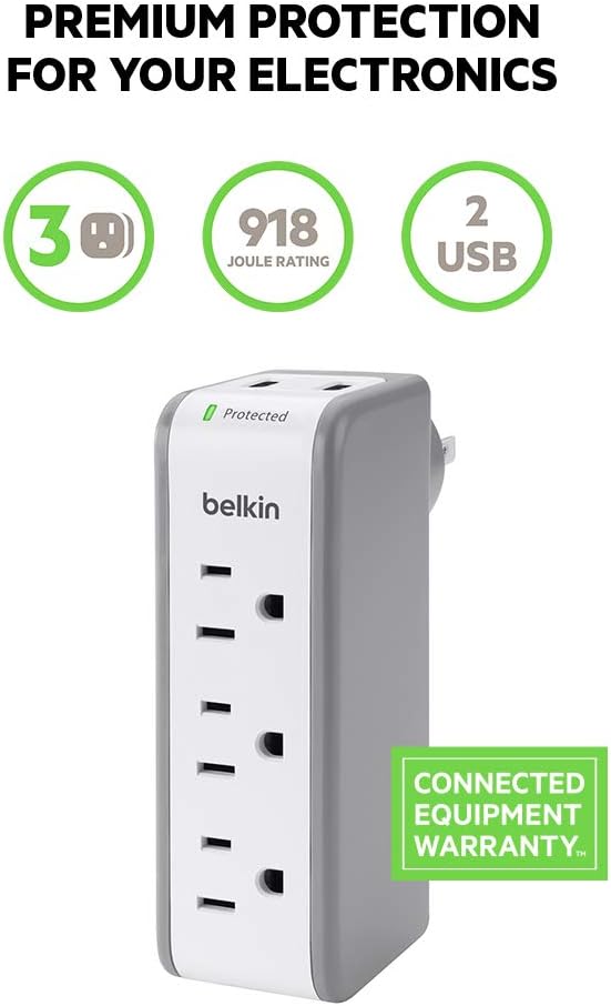 Belkin Wall Mount Surge Protector - 3 AC Multi Outlets & 2 USB Ports - Flat Rotating Plug Splitter - Wall Outlet Extender for Home, Office, Travel, Computer Desktop & Charging Brick - 918 Joules: Home Audio & Theater