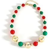 Izpack Gold Red Green Beaded Christmas Cute Ornament Strand Necklace Choker for Women - Gold Plated Xmas Holiday Festival Costume Accessories Adjustable Chain Collar Necklaces Fashion Jewelry