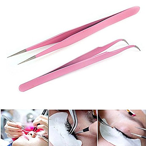 VNDEFUL 2 Pcs Pink Stainless Steel Tweezers for Eyelash Extensions, Straight and Curved Tip Tweezers Nippers, False Lash Application Tools