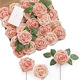 Ling's moment Artificial Flowers Shimmer Blush & Peach Roses 25pcs Real Looking Fake Roses w/Stem for DIY Wedding Bouquets Centerpieces Arrangements Party Baby Shower Home Decorations