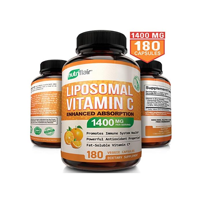 NutriFlair Liposomal Vitamin C 1600mg, 180 Capsules - High Absorption, Fat Soluble VIT C, Antioxidant Supplement, Higher Bioavailability Immune System Support & Collagen Booster, Non-GMO, Vegan Pills