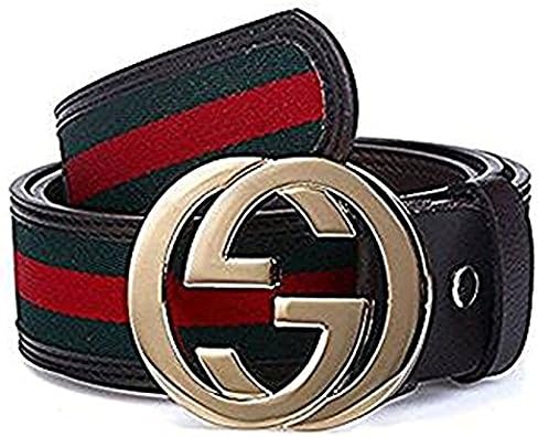 Men's Smooth leather GG fashion casual stripes belt(105-125cm for Choose) (120CM, Golden Buckle)