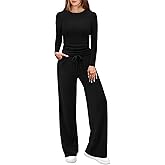 WIHOLL Lounge Sets for Women 2 Piece Vacation Outfits Long Sleeve Tops with Side Ruched Wide Leg Pants Matching Sets