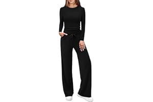 WIHOLL Lounge Sets for Women 2 Piece Vacation Outfits Long Sleeve Tops with Side Ruched Wide Leg Pants Matching Sets