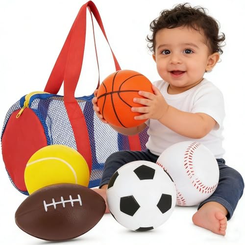 Beauenty Sports Balls for Kids, 5 Pack Small Sports Foam Balls for Toddlers 1-3 Years Old Playground Balls Rubber Kickballs Dodgeballs with Duffle Bag, for Kids Toddlers Indoor Outdoor Toys