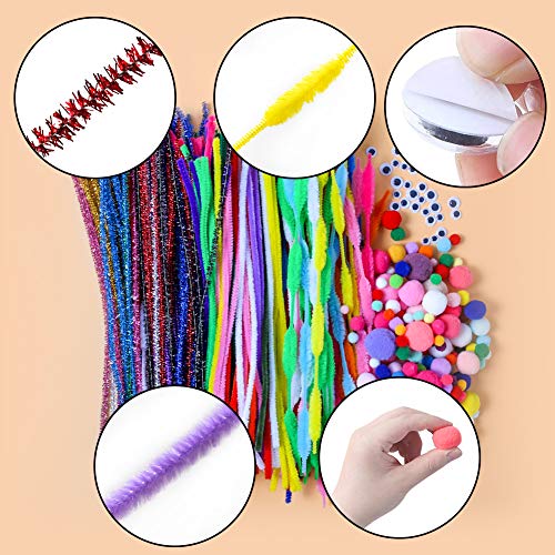 Pipe Cleaners Set, 500PCS Craft Supplies with Chenille Stems Pom Poms Self-Sticking Wiggle Googly Eyes Assorted Colors and Assorted Sizes for DIY School Art Project