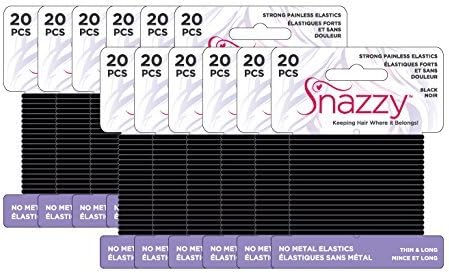 Snazzy Hair Elastics Thin & Long Painless Pony Tail Holders - Yoga Twist - Black - Family Pack 240 Count (12 Pack, 20 Ties Per Card)