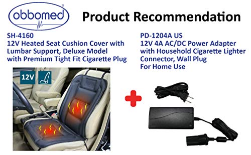 ObboMed SH-4160 12V 45W Heated Seat Cushion Cover with Lumbar Support, Deluxe Model with Premium Tight Fit Cigarette Lighter Plug, Special Fitting (Vertical or Horizontal), Car, Automobile, Vehicle