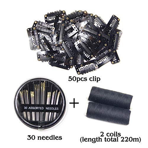 50pcs 33mm Snap Clips U Shaped Wig Clips For Hair Extensions Weave Wig Accessories Silicone Back Wig Clips With Wig Sewing Needle And Thread (Black)