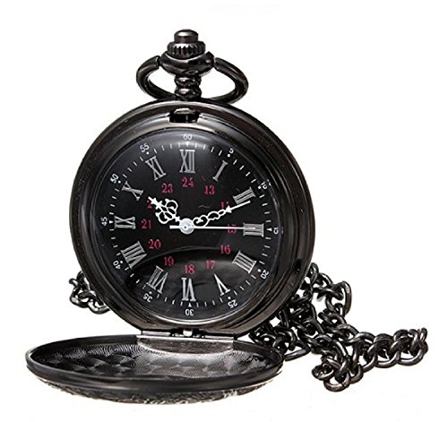 HJIAN Pocket Watch Black Roman Retro Vintage Quartz Pocket Watch Roman Numerals Steampunk Fob Watch