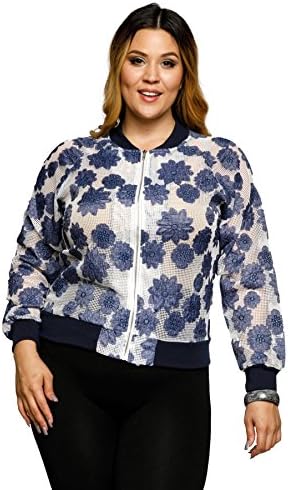 Hadari Women's Plus Size Floral Applique Mesh Bomber Jacket