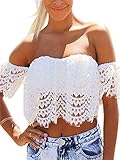 Persun Women White Off Shoulder Crochet Lace Layer Crop Top Bralettes