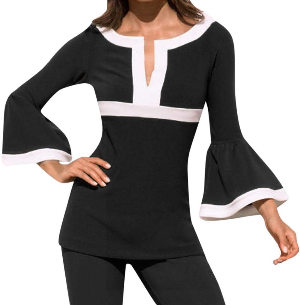 Long Flare Sleeve Tops Womens Split Neck Patchwork Color Side Slit Blouse