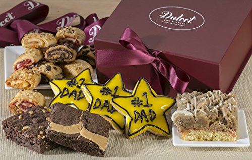 Dulcet Gift Baskets Fathers Day Dad Iced Star Cookie Gourmet Gift Box with Delectable Rugelah, Fudge Brownie & Scrumptious Crumb Cake Great Gift Basket for Dad, Husband & Sons