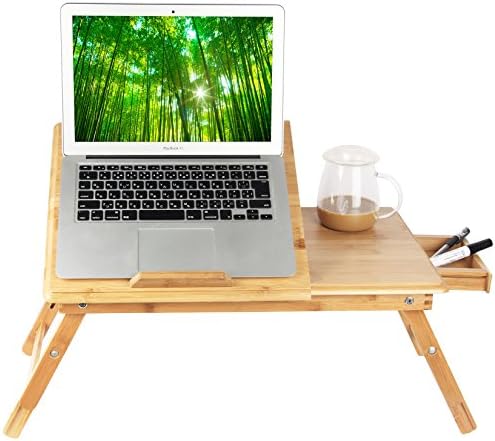 Laptop Desk Tray , Notebook,Ipad,Book Holder &amp; Stand Can be used as Bed &amp; Sofa Table, Breakfast serving Tray,Adjustable &amp; Foldable with Flip Top and Draw, 100% Bamboo - by HERDZI