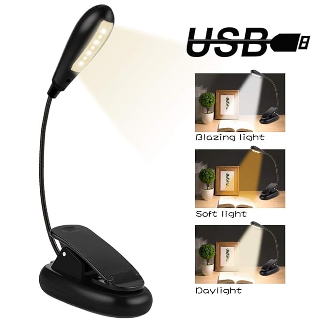 Leselampe Buch LED,7LED Buchlampe mit 3 Helligkeitseinstellungen USB Wiederaufladbar LED Klemmleuchte 360° Flexibel Licht LED