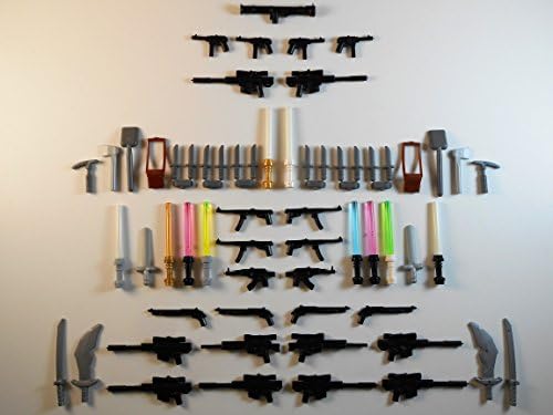 OnQbricks 61 Guns for Lego Minifigures. GLOW IN THE DARK Lightsabers Swords Knifes Sniper Rifle Toys