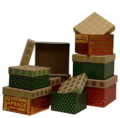 Wrap N Roll Christmas Nested Gift Box Set of 8 Square Boxes in Assorted Colors with Lids, Hot Stamp for Gift Giving On Holiday and Party Favors