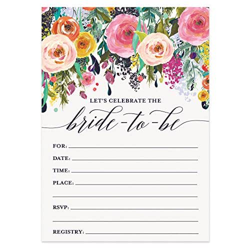 Amazon Com 25 Gorgeous Bridal Shower Invitations Colorful Flowers Time To Celebrate Bride To Be Engaged Woman Bachelorette Wedding Party Pretty 25 Pack 5x7 Fill In Invites With Envelopes By Digibuddha Vi0040b Handmade
