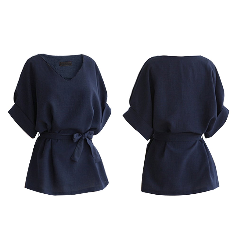 Women\'s Summer Casual V Neckline Short Sleeve Self Tie Waist Blouse Tops Shirts Navy S