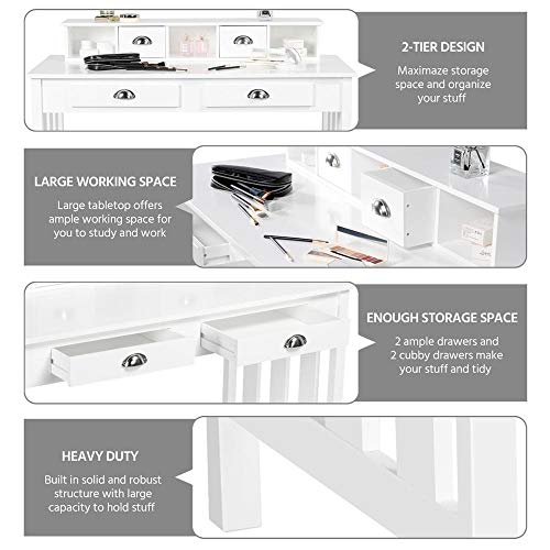 go2buy White Wooden Writing Desk Student Table with 4 Drawers, 2-Tier Home Office Computer Desk, Spacious Workstation Writing Study Table - Thumbnail 2