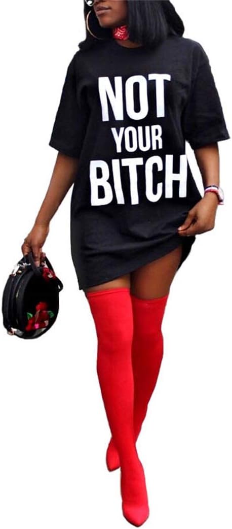 TshineY Women's Short Sleeve Letter Printed Loose Shirt Mini Dress Tops Clubwear
