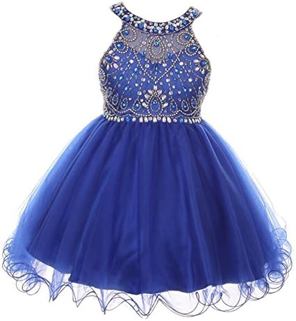 Big Girls Royal Blue Rhinestone Adorned Tulle Junior Bridesmaid Dress 12