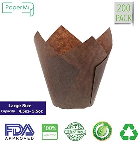Brown Tulip Cupcake Liners, Large Size Paper Baking Cups, Tulip Cupcake Wrappers Providing a Beautiful Display, Natural & FDA Approved, Oz. Capacity: 4.5 to 5.5, Bulk of 200pc