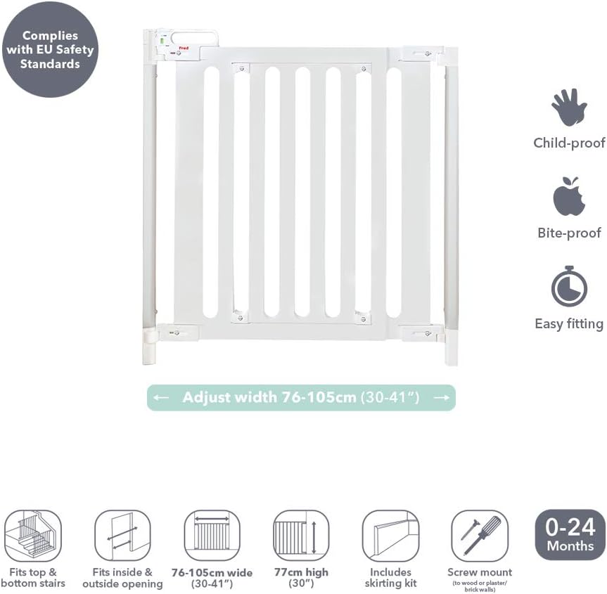 Fred Safety Screw Fit Pure White Wood Baby Safety Gate to Fit Openings 75cm to 104cm - Image 3