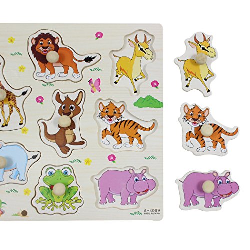 SIPLIV Wooden Pegged Puzzles Jigsaw Puzzle for 2 to 5 Years Old Kids, Home Learning Preschool Early Education Development Toys and Games, Animals - Thumbnail 2